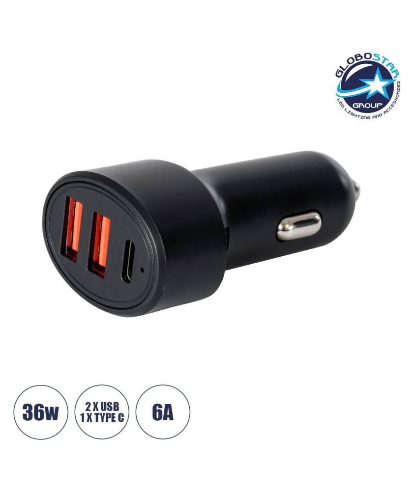 GloboStar® 85436 Φορτιστής Αναπτήρα Αυτοκινήτου Γρήγορης Φόρτισης PD 36W 6A με 2 Θύρες USB και 1 Θύρα Type-C Μαύρο